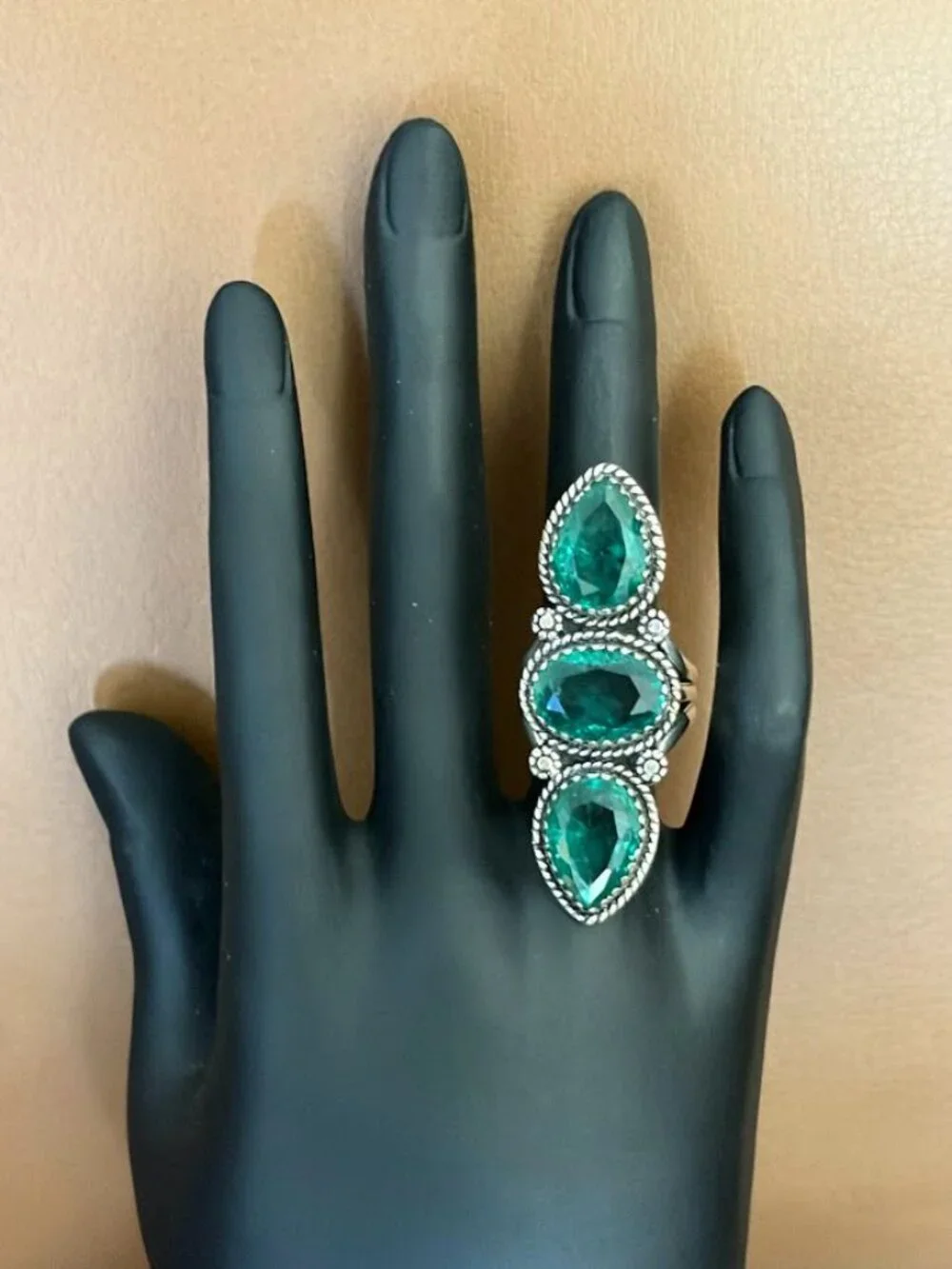 Green Quartz Three Stone Statement Ring 925 Silver Plated - Size 6.75